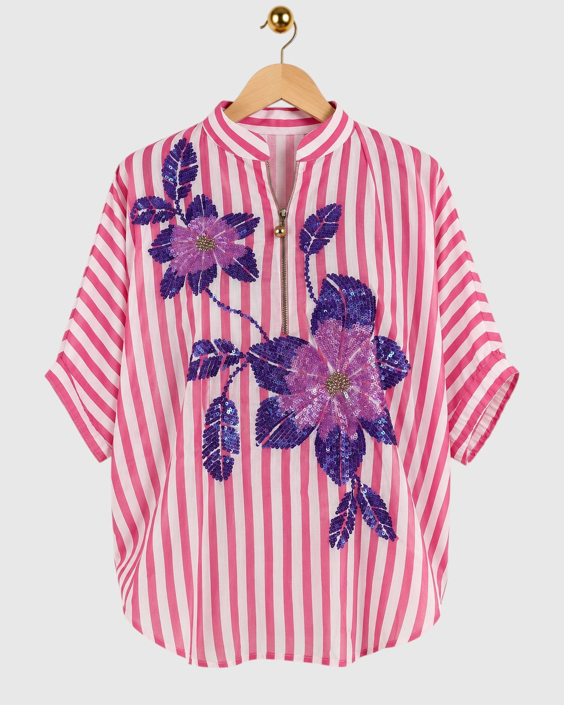 Pink Blue Floral Embroidered Stripe Shirt — view 1