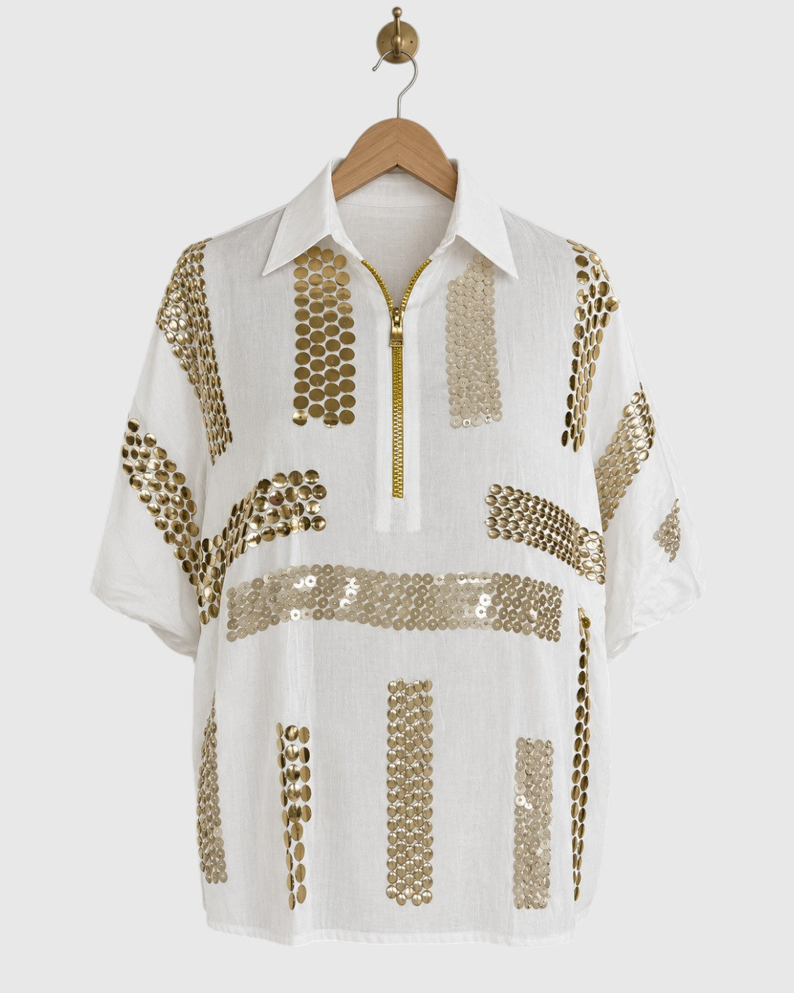 White Block Embroidered Satin Shirt — view 1