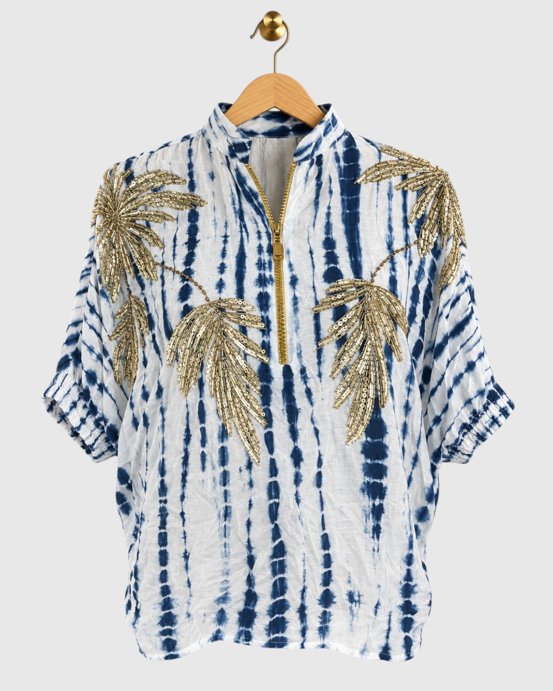White & Blue Gold Sequin Shoulder Tie-Dye Shirt — view 1
