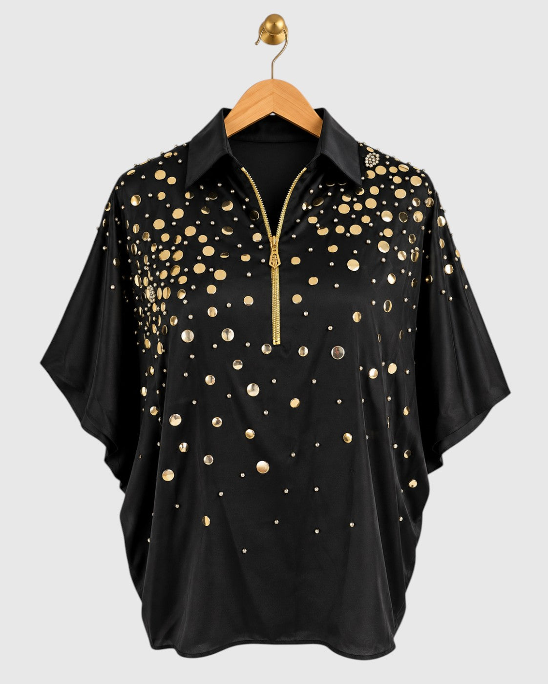 Black Coin Shoulder Embroidered Satin Shirt — view 1