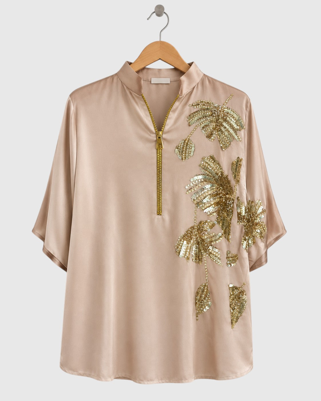 Beige One-Sided Gold Sequin Satin Shirt — view 1
