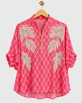 Pink Printed Pearl Embroidered Satin Shirt — view 1