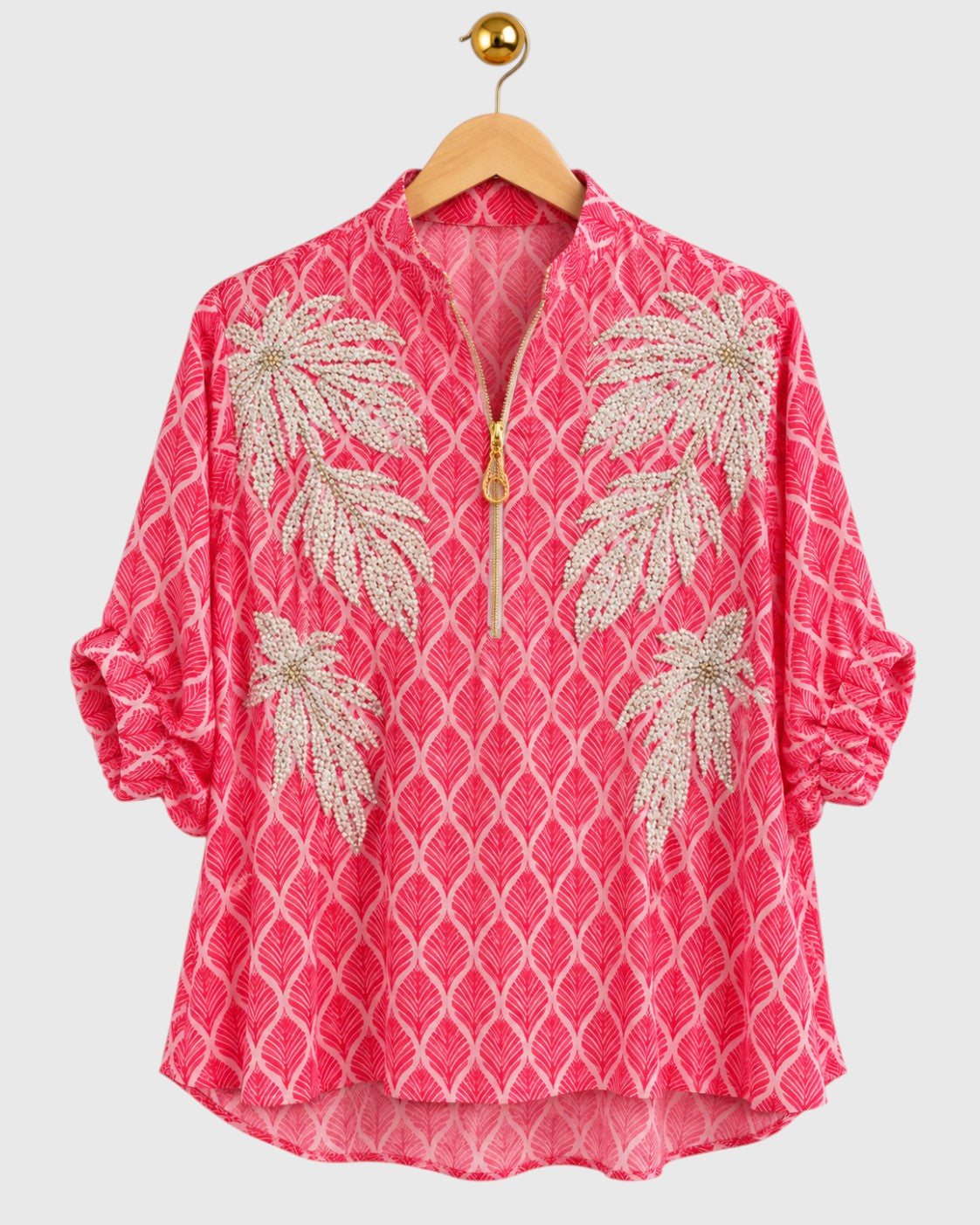 Pink Printed Pearl Embroidered Satin Shirt — view 1