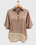 Beige Lace Patch Satin Shirt — view 1