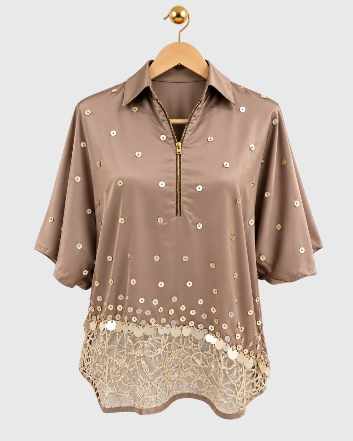 Beige Lace Patch Satin Shirt — view 1