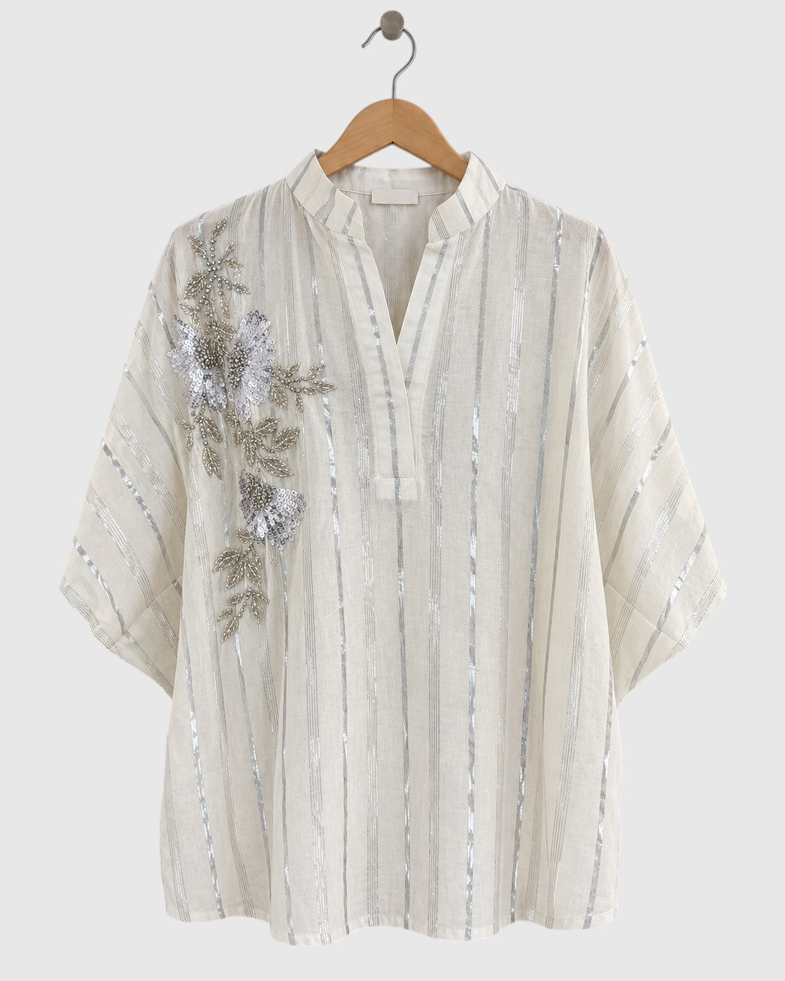 White & Silver Bamboo Cotton Motif Shirt — view 1