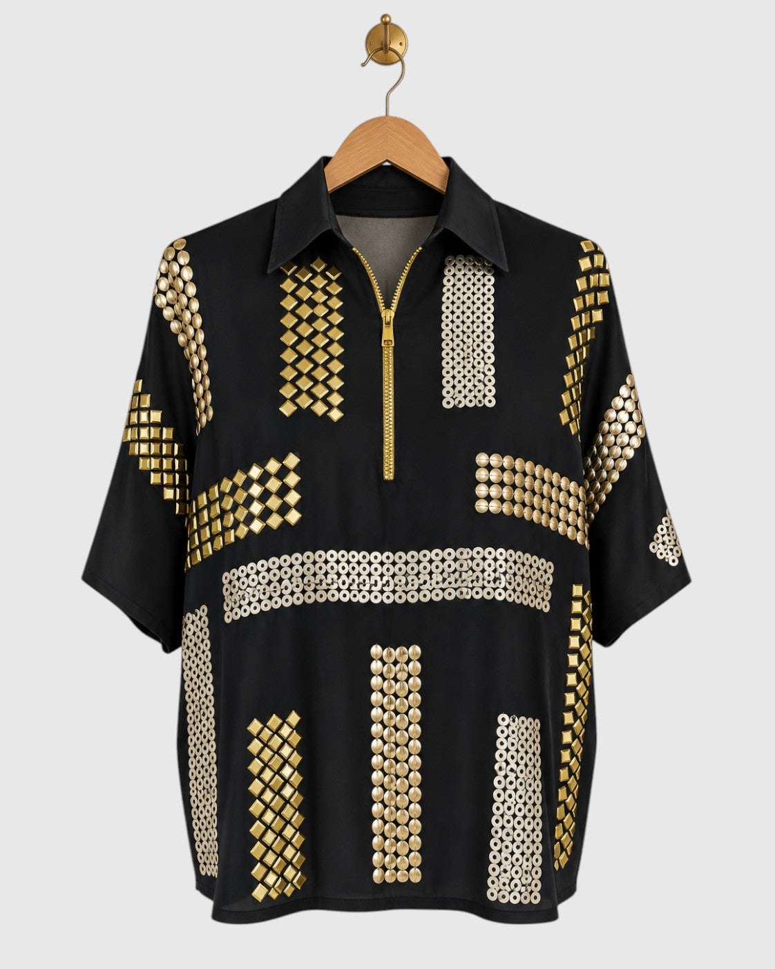 Black Block Embroidered Satin Shirt — view 1
