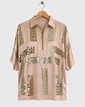 Beige Block Embroidered Satin Shirt — view 1