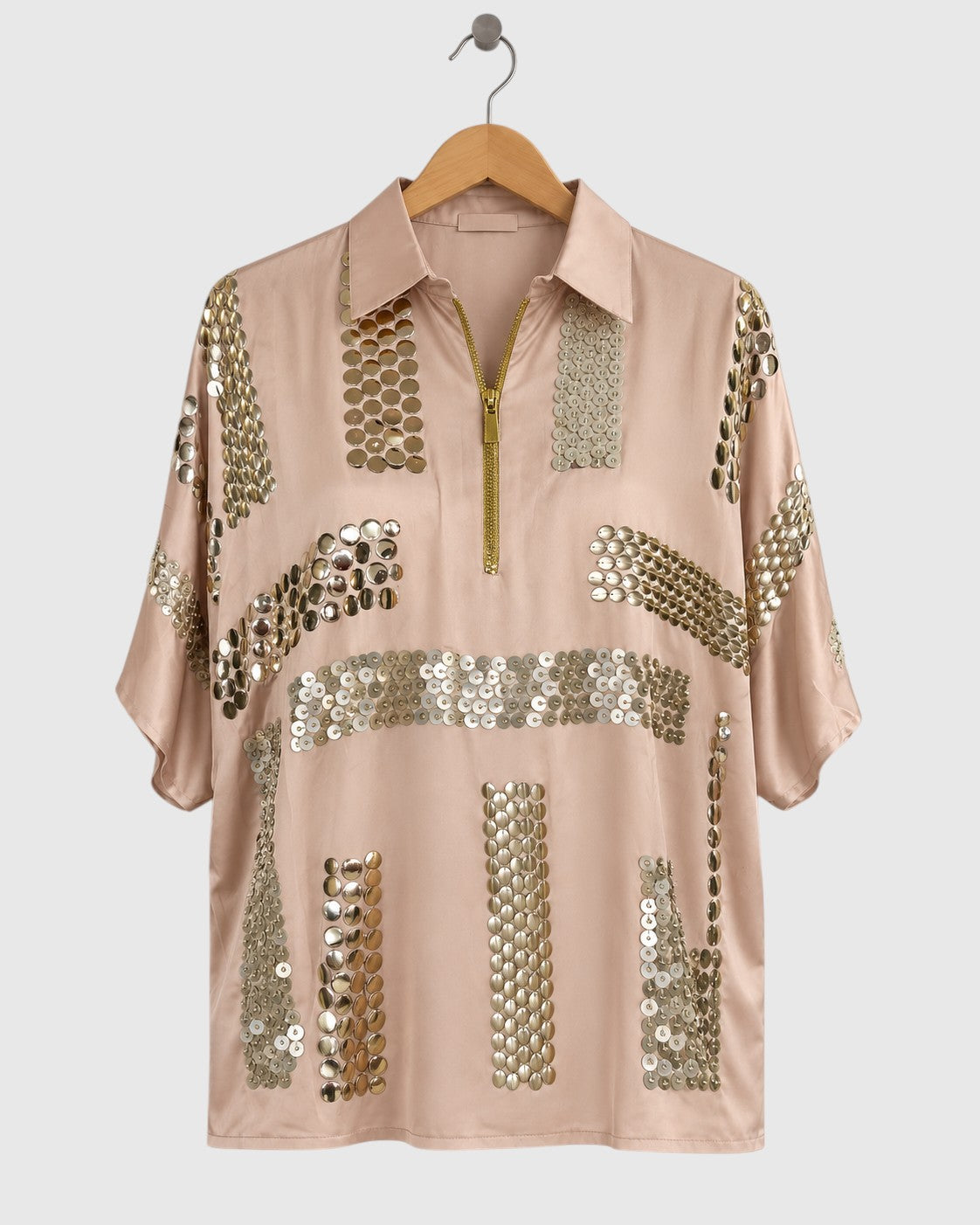Beige Block Embroidered Satin Shirt — view 1