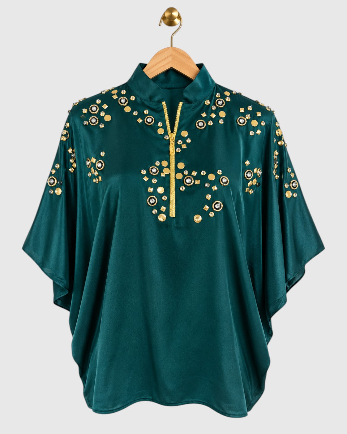 Green Coin Shoulder Embroidered Satin Shirt — view 1