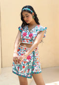 Front view of June floral printed coord set with crop top and shorts