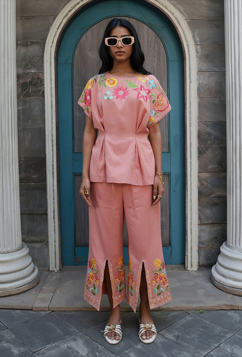 Full front view of peach embroidered co-ord set with matching pants