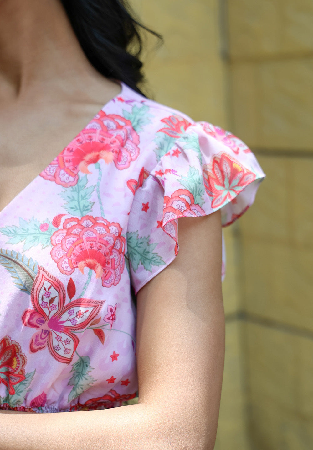 Close-up of flutter sleeve detail on Secret Garden coord set