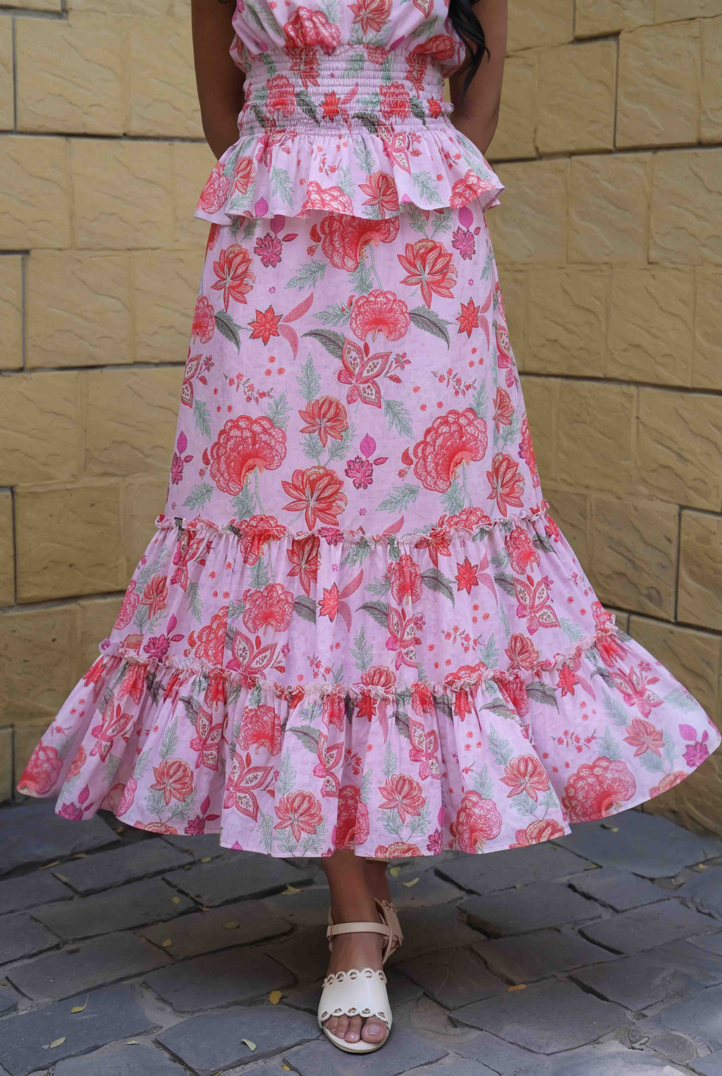 Close-up of tiered hem detail on skirt
