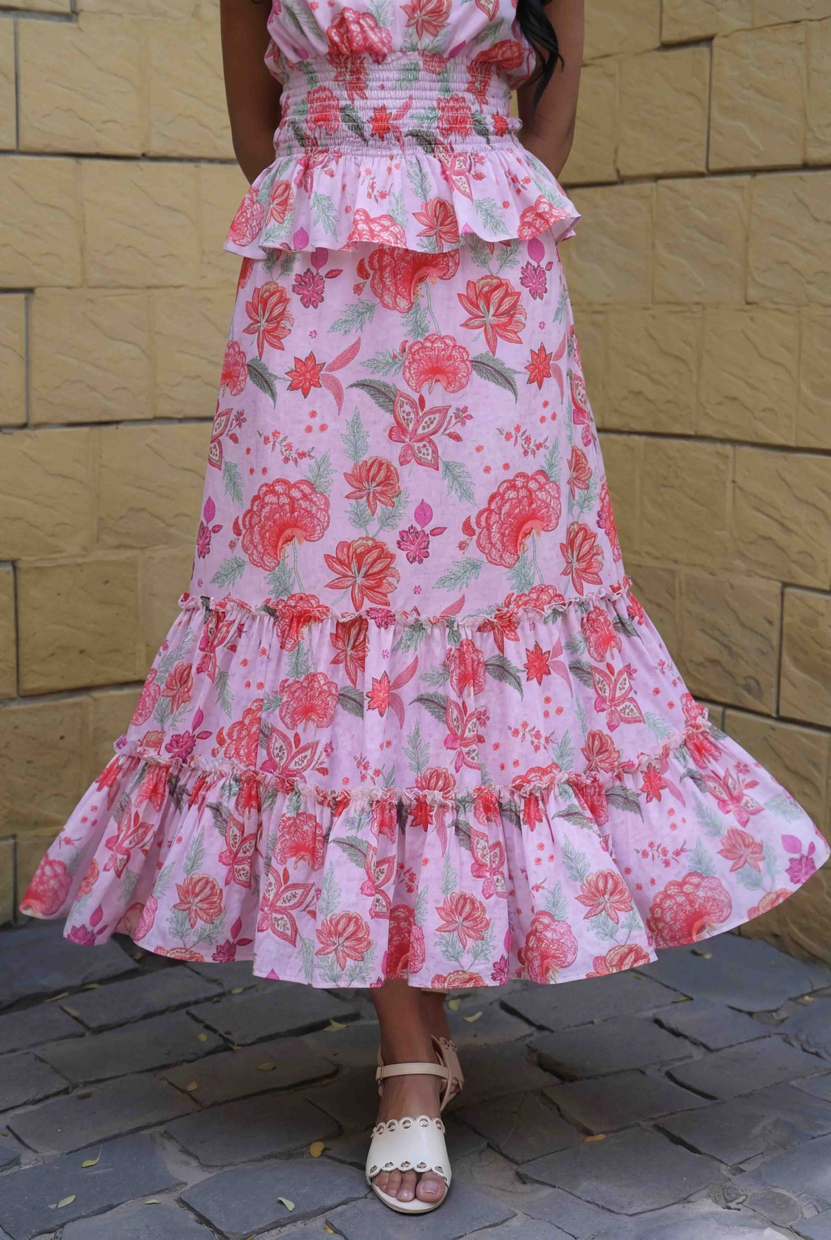 Close-up of tiered hem detail on skirt