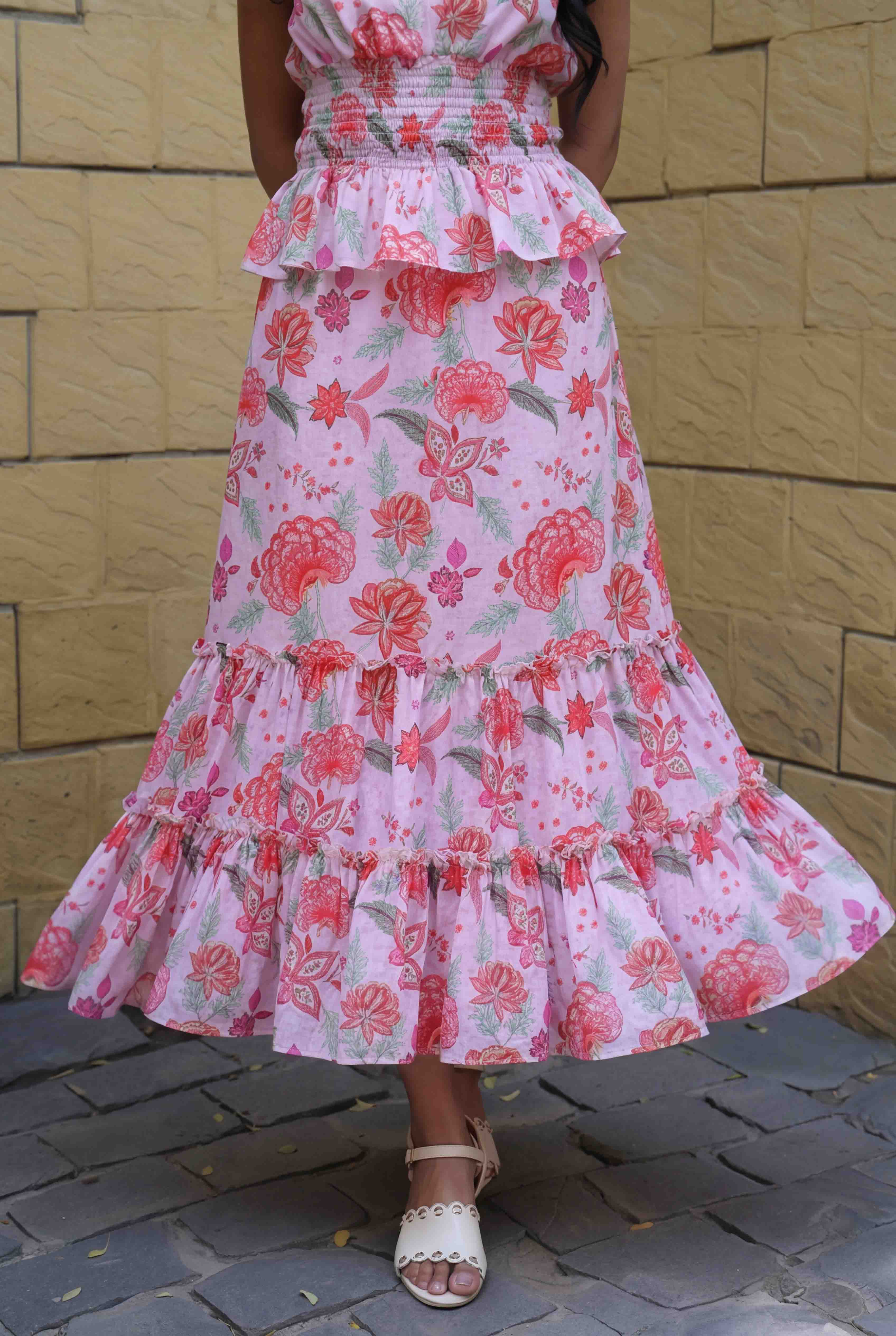 Close-up of tiered hem detail on skirt