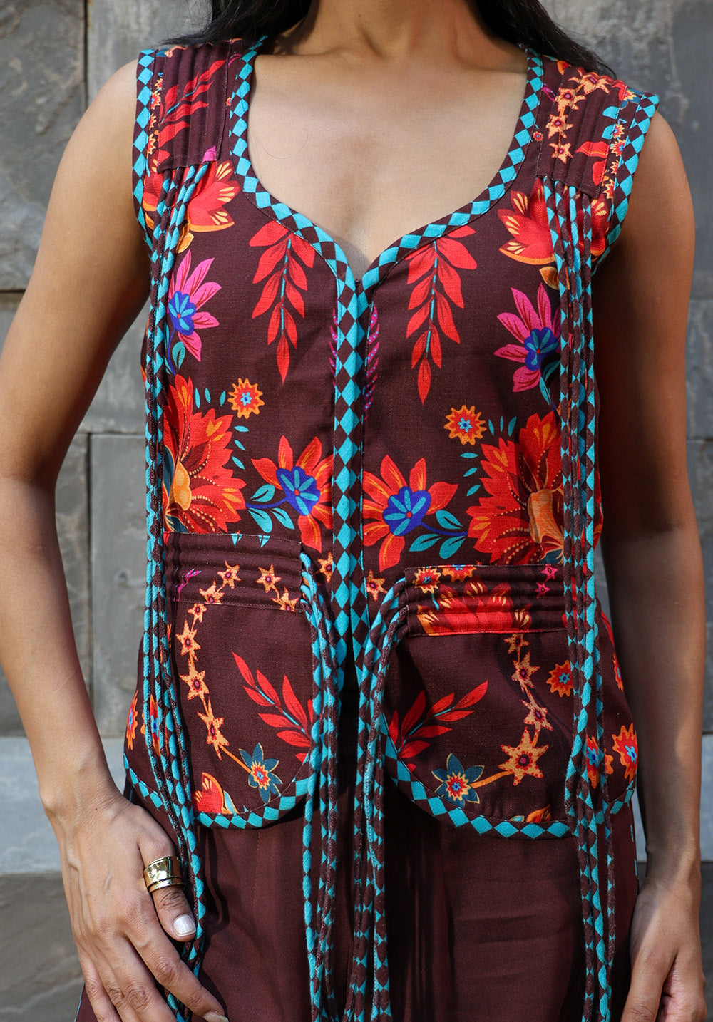 Close-up of floral bodice detail on Serena coord set