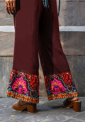 Close-up of printed flared pants on Serena coord set