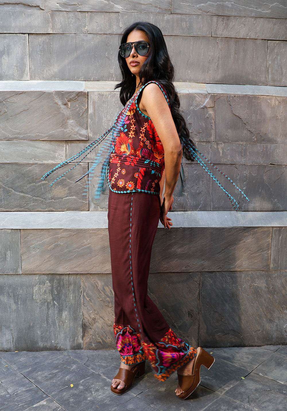 Side profile of Serena coord set with flared pants
