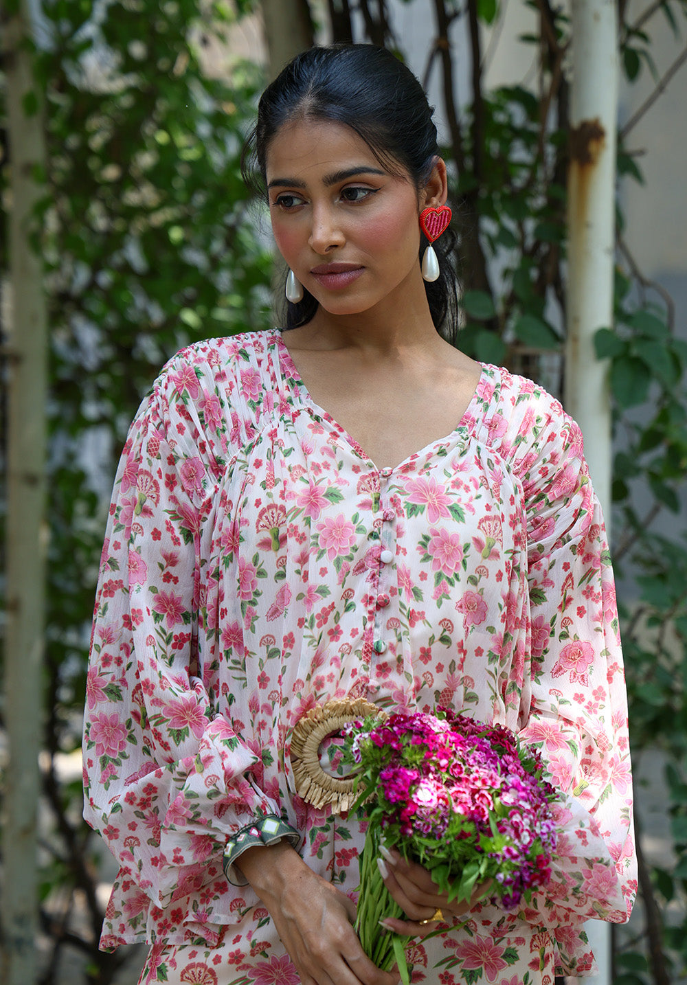 Portrait view of Serena pink floral boho top