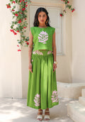 Front view of the Olive Bloom coord set featuring a hand-illustrated floral motif top and fluid meadow green skirt.