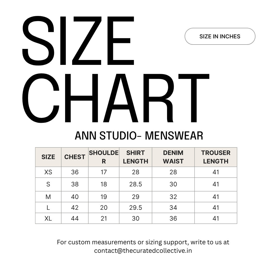 ANN Studio Menswear size chart